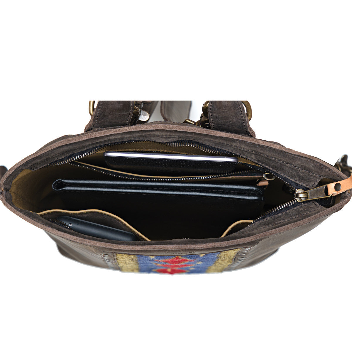 Lanita Leather Backpack in Dark Coffee Brown, top-down view of unzipped interior holding a laptop and phone