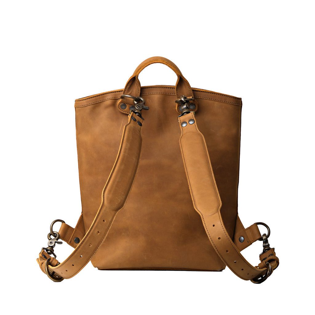 Lanita Leather Backpack in Tobacco, back view with adjustable shoulder straps