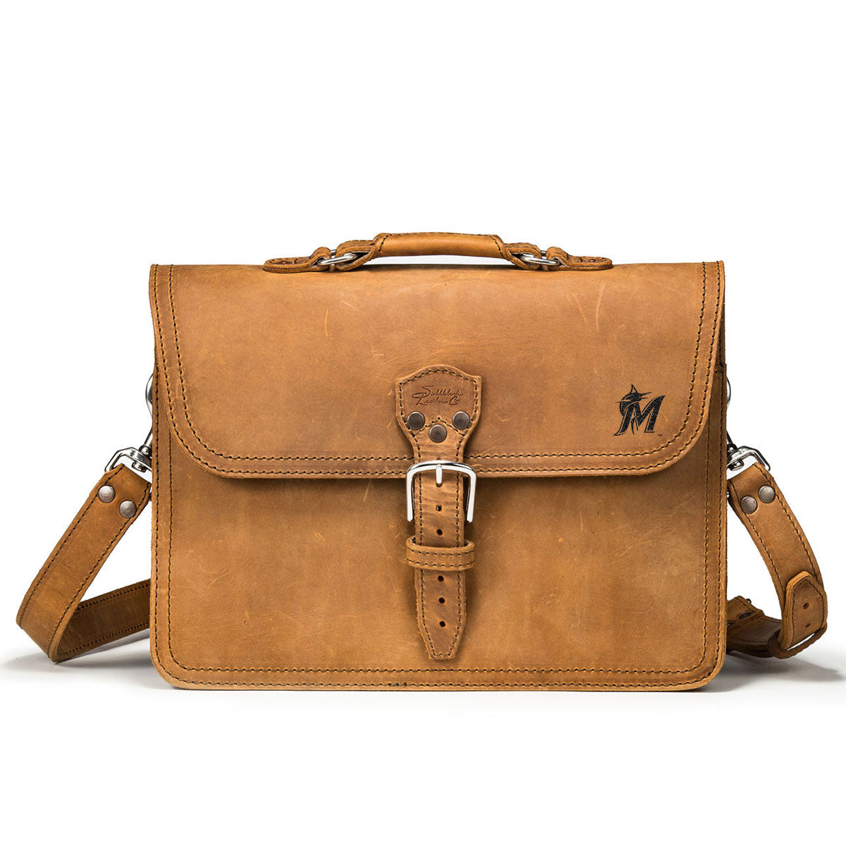 Fourteener Thin Leather Briefcase - Miami Marlins in Tobacco, front view with embossed team logo and buckled flap