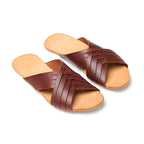 Martha Sandals in Chestnut, angled view of pair with crisscross woven straps and tan footbeds