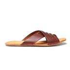 Martha Sandals in Chestnut, outer side view of a single sandal showing crisscross straps
