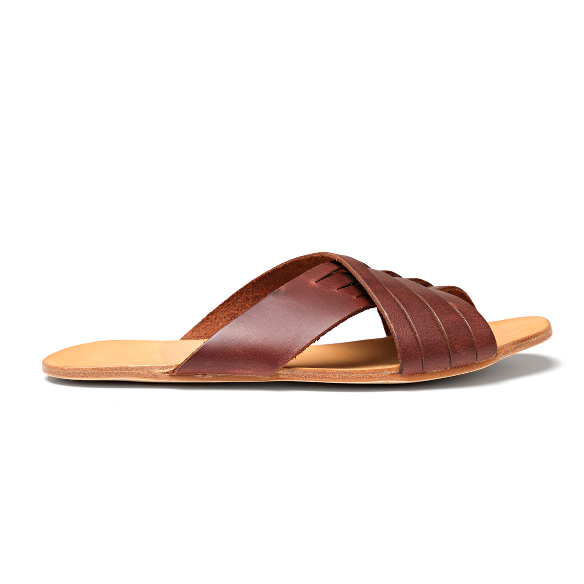 Martha Sandals in Chestnut, outer side view of a single sandal showing crisscross straps
