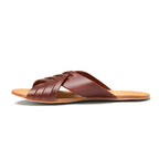 Martha Sandals in Chestnut, side profile of a single sandal with woven straps and flat sole