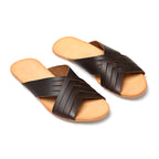 Martha Sandals in Dark Coffee Brown, angled view of pair with crisscross woven straps and tan footbeds