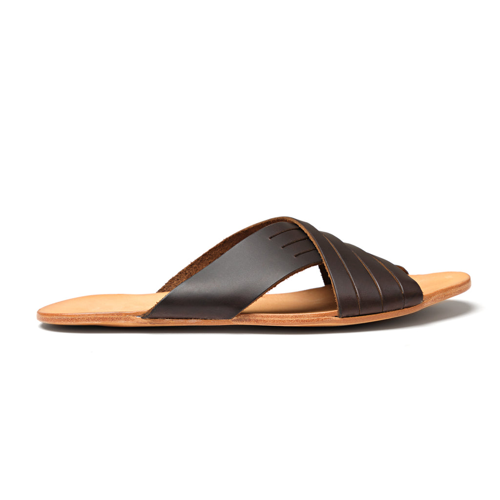 Martha Sandals in Dark Coffee Brown, outer side view of a single sandal showing crisscross straps
