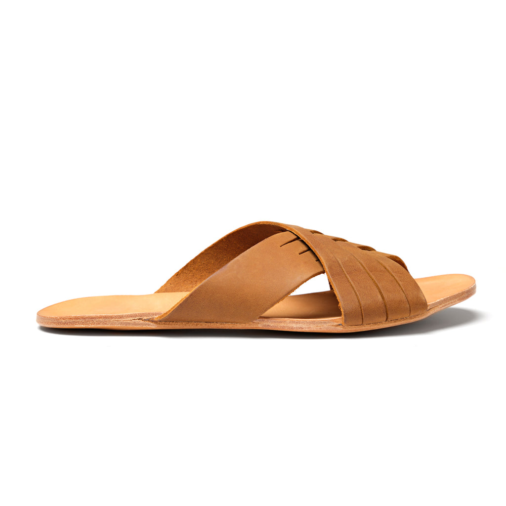 Martha Sandals in Tobacco, outer side view of a single sandal showing crisscross straps