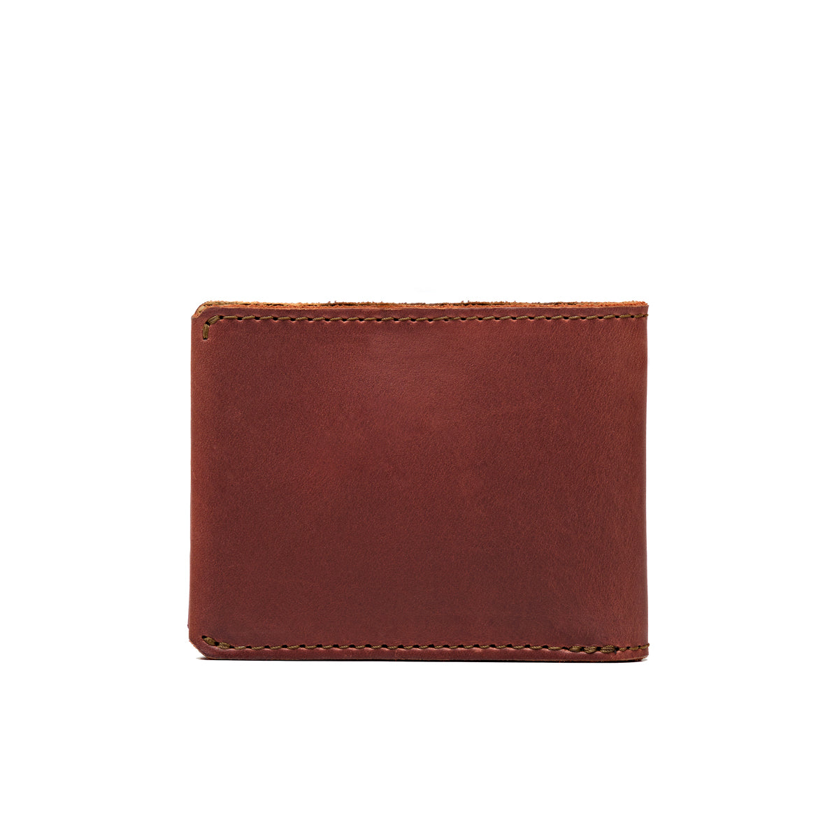 Medium Bifold Wallet in Chestnut, closed back view showing the plain leather and stitched edges