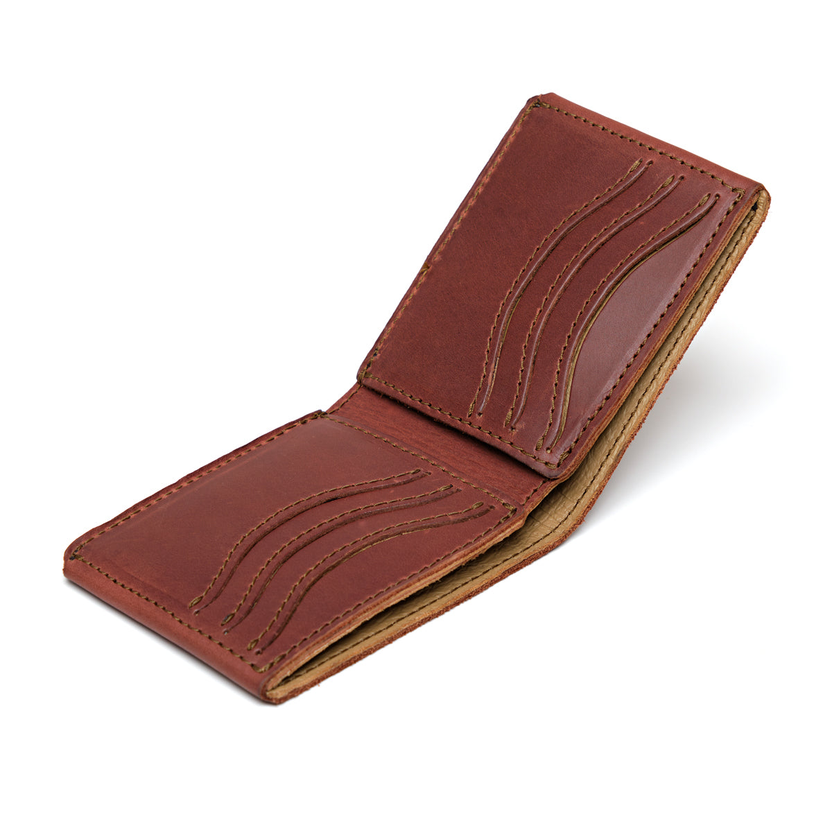 Medium Bifold Wallet in Chestnut opened empty at an angle to show the wavy stitched card slots