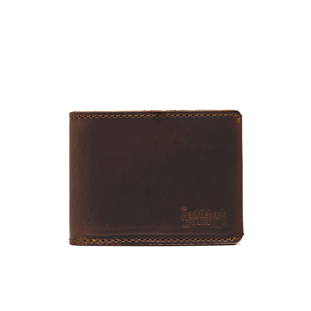 Medium Bifold Wallet in Dark Coffee Brown, closed front view with embossed logo in the corner