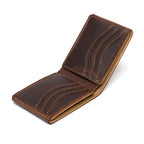 Medium Bifold Wallet in Dark Coffee Brown opened empty at an angle to show the wavy stitched card slots