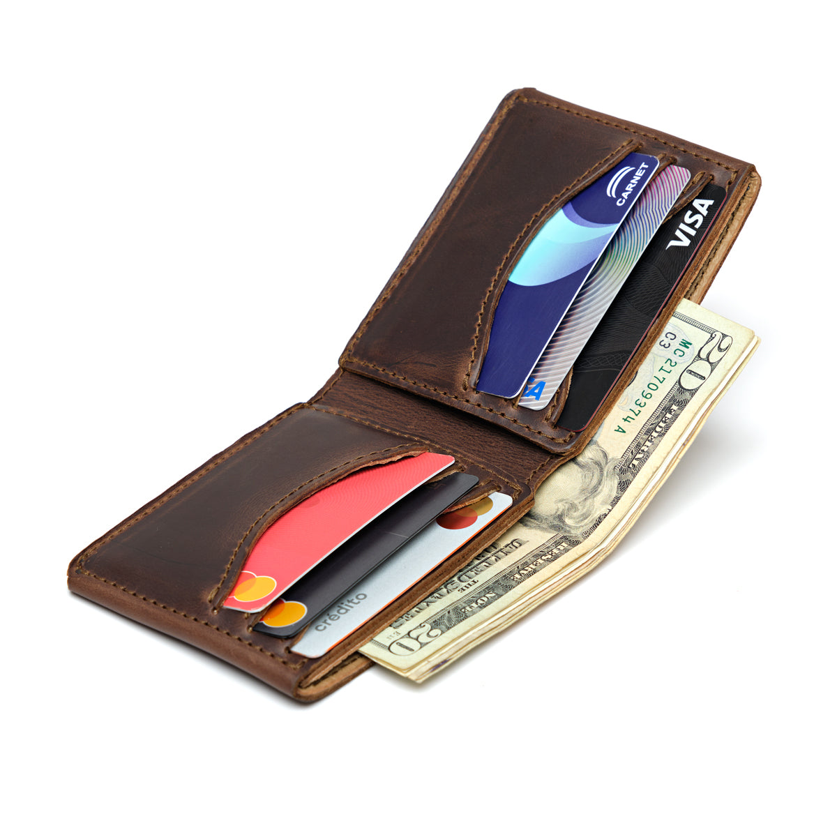 Medium Bifold Wallet in Dark Coffee Brown opened at an angle, filled with cards in both pockets and folded cash