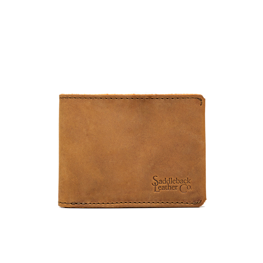 Medium Bifold Wallet in Tobacco, closed front view with embossed logo in the corner