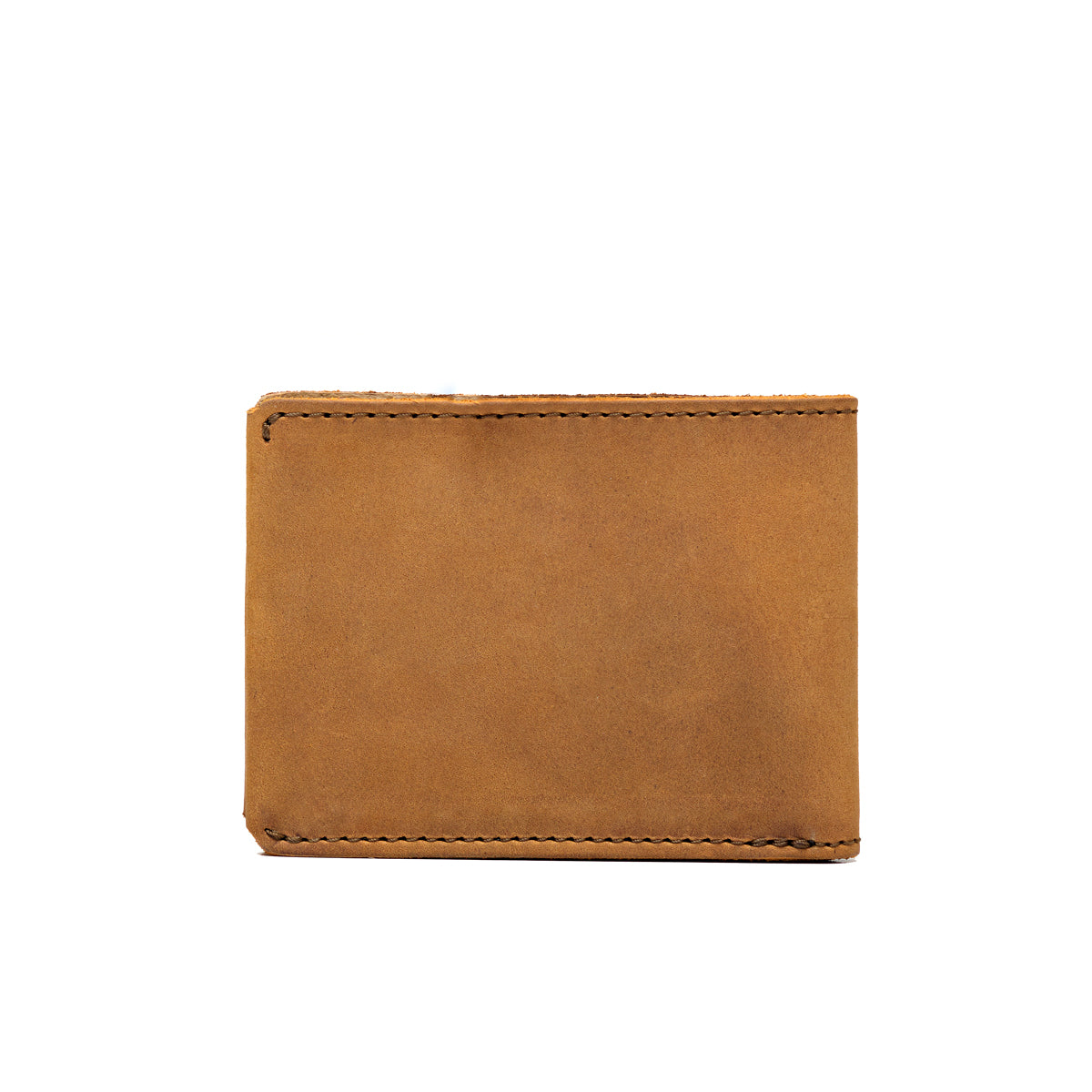 Medium Bifold Wallet in Tobacco, closed back view showing the plain leather and stitched edges