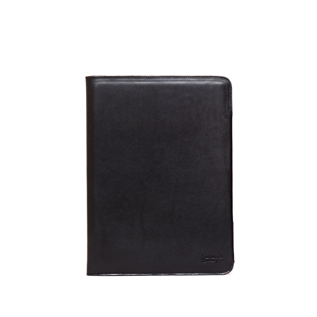 C.S. Lewis Medium Portfolio in Raven Black, closed front view with debossed logo