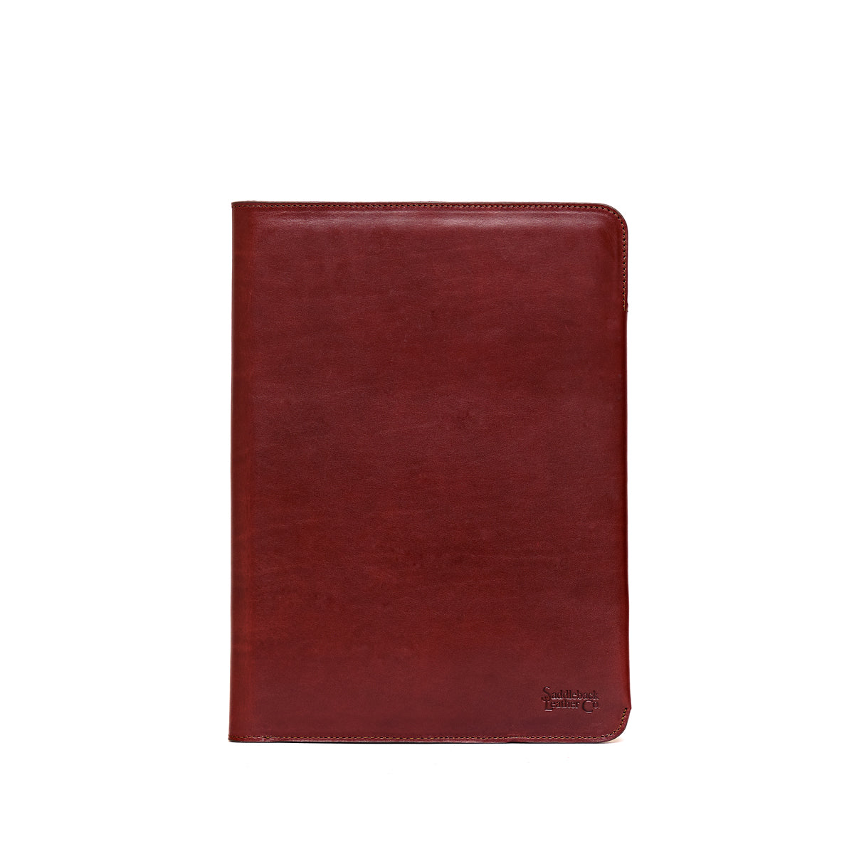 C.S. Lewis Medium Portfolio in Oxblood, closed front view with debossed logo