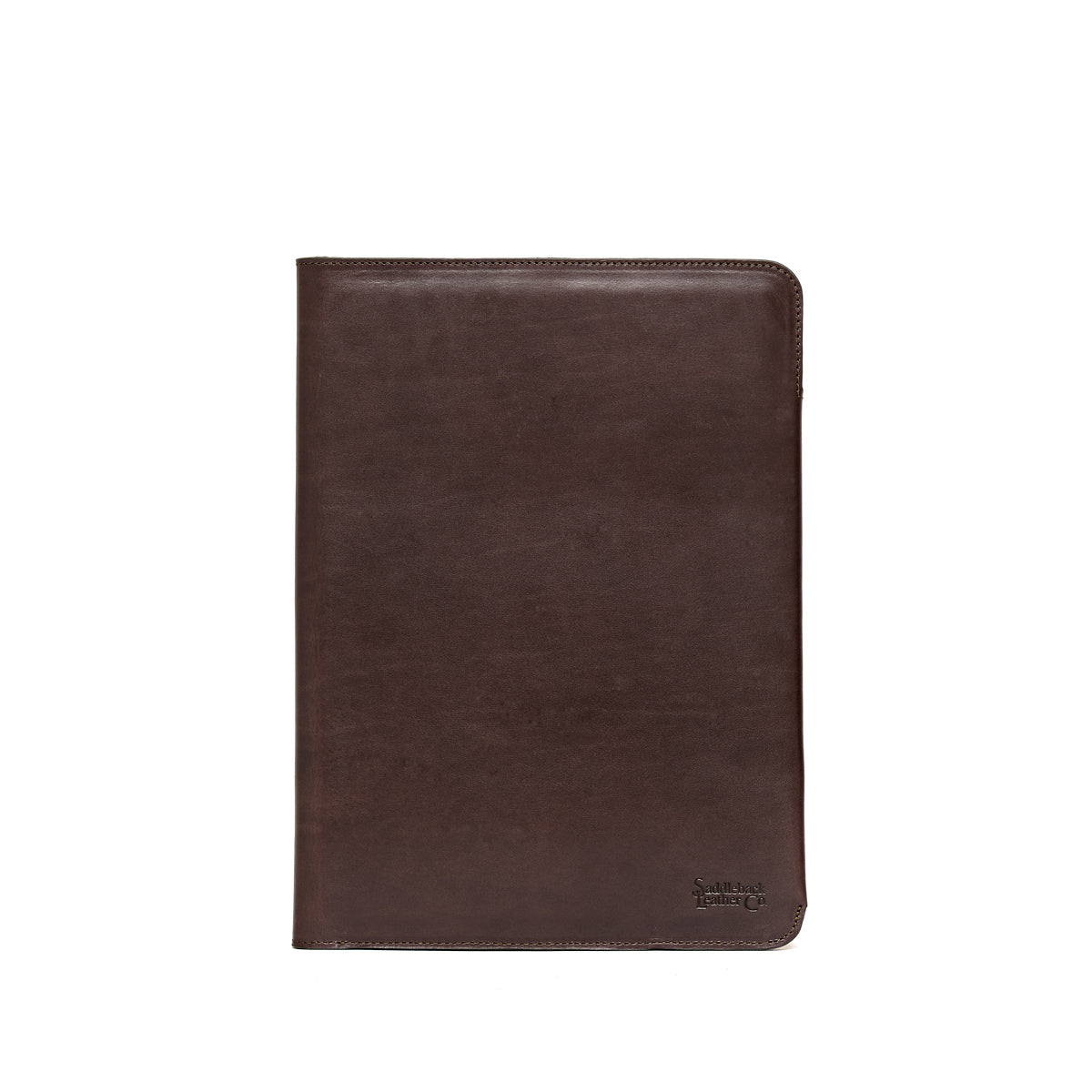 New Design Medium Portfolio in Dark Coffee Brown, closed front view with stitched edges and debossed logo