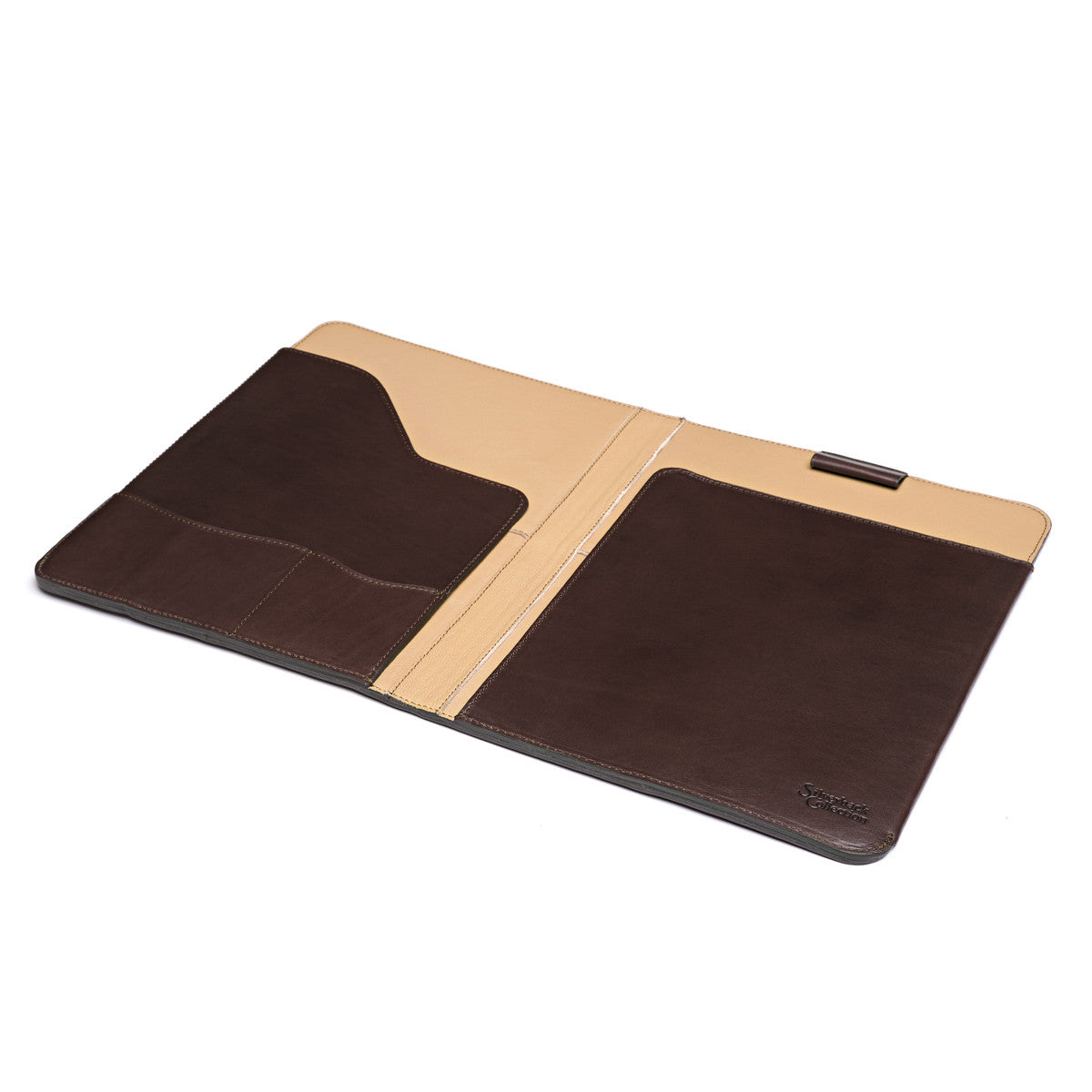 New Design Medium Portfolio in Dark Coffee Brown, open angle showing inner pockets