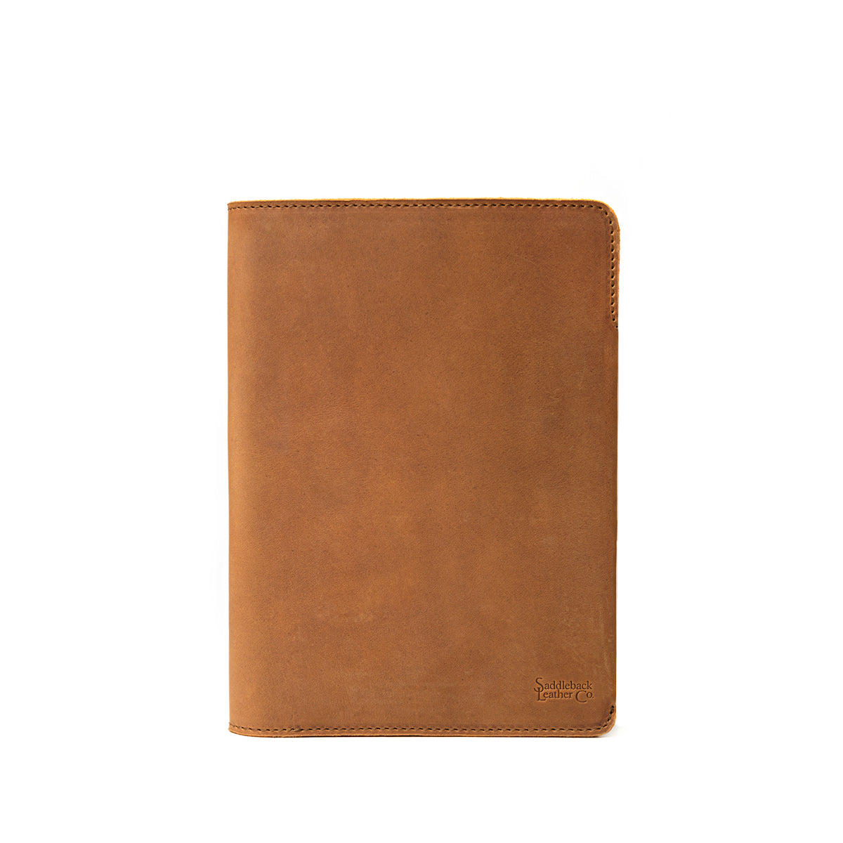 New Design Medium Portfolio in Tobacco, closed front view with stitched edges and debossed logo