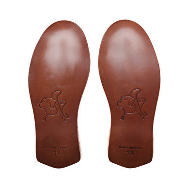 Men's Sheepskin Slippers in Dark Coffee Brown, bottom view of leather soles
