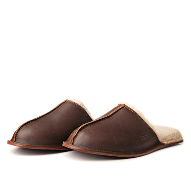Pair of Men's Sheepskin Slippers in Dark Coffee Brown, front side view