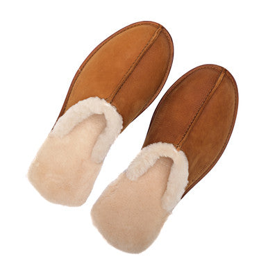 Pair of Men's Sheepskin Slippers in Tobacco, top view