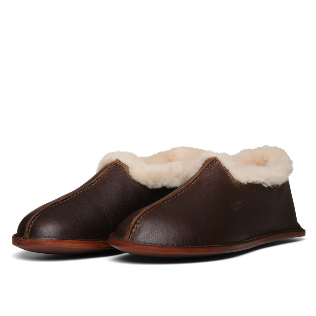 Pair of Sheepskin Moccasins in Dark Coffee Brown with fleece collars, angled front view