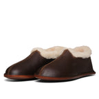 Pair of Sheepskin Moccasins in Dark Coffee Brown with fleece collars, angled front view