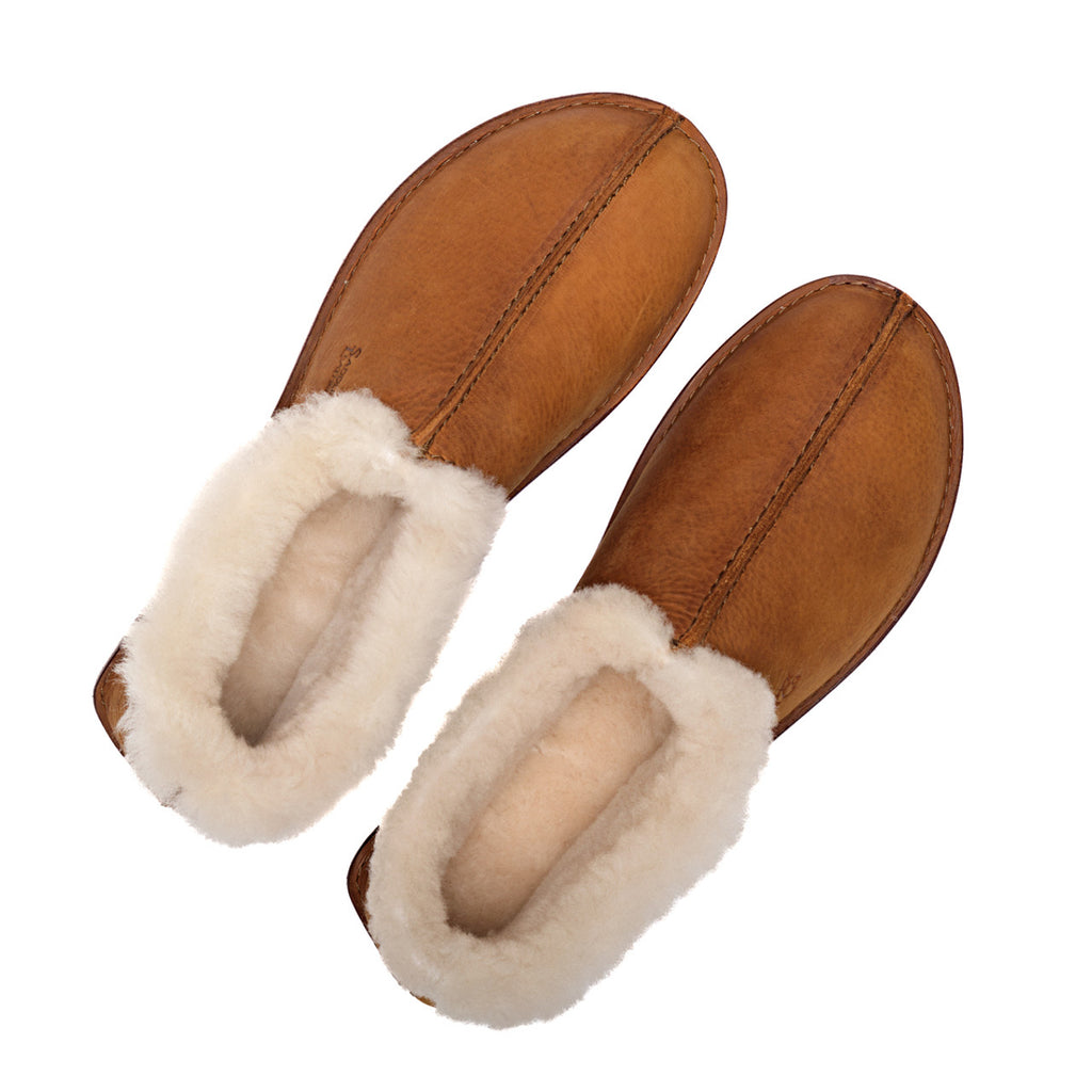 Pair of Sheepskin Moccasins in Tobacco, top view showing the fleece lining