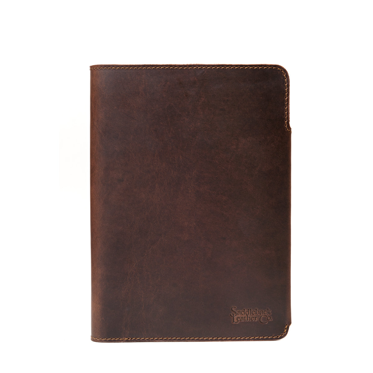 Medium Moleskin Cover in Dark Coffee Brown, closed front view with stitched edges and debossed logo