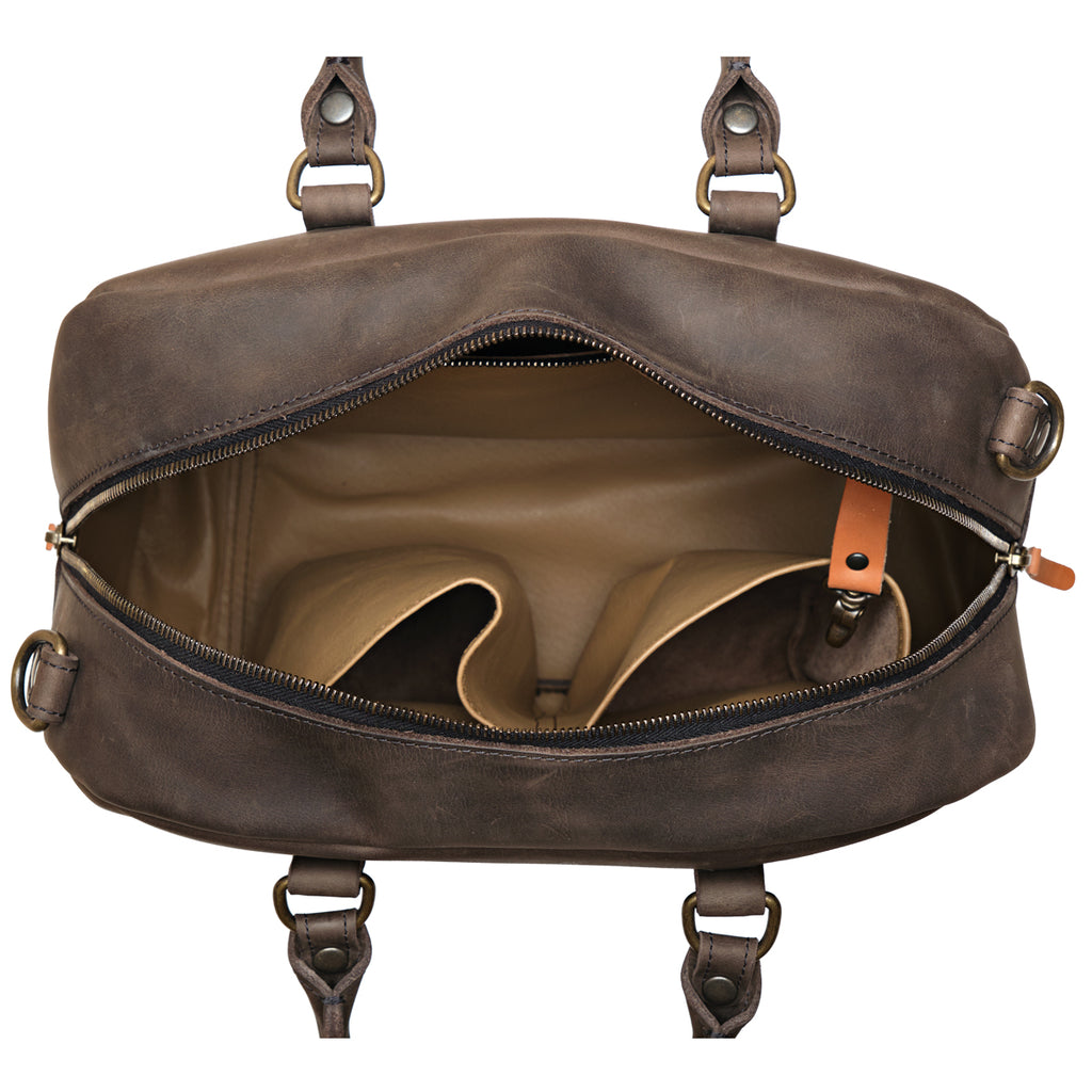 Professional Leather Satchel in Black, top view unzipped showing the empty interior pockets and key clip