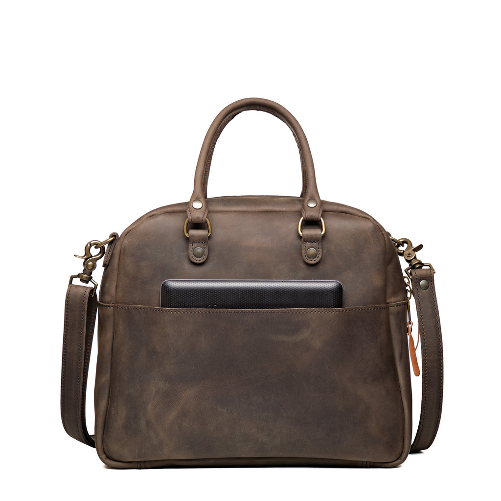 Professional Leather Satchel in Black, back view with a tablet tucked in the rear slip pocket