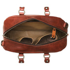 Professional Leather Satchel in Chestnut, top view unzipped showing the empty interior pockets and key clip