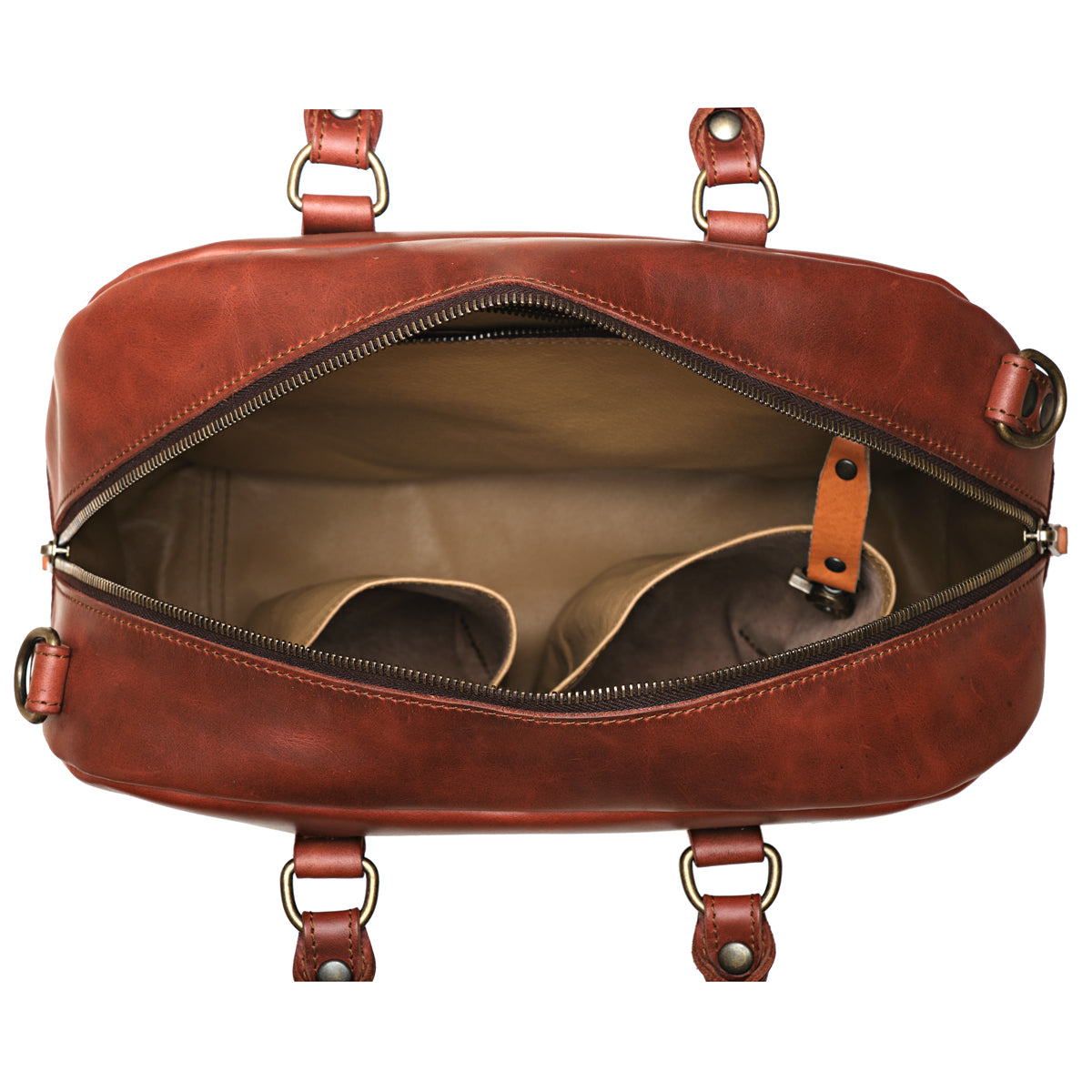 Professional Leather Satchel in Chestnut, top view unzipped showing the empty interior pockets and key clip