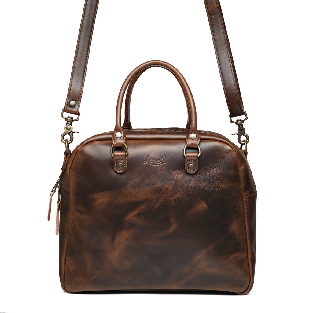 Professional Leather Satchel in Dark Coffee Brown, front view with top handle and detachable shoulder strap