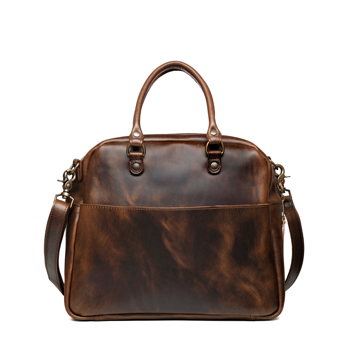 Professional Leather Satchel in Dark Coffee Brown, back view with full-width rear slip pocket and shoulder strap