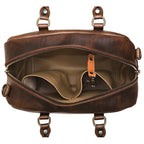 Professional Leather Satchel in Dark Coffee Brown, top view unzipped showing the empty interior pockets and key clip