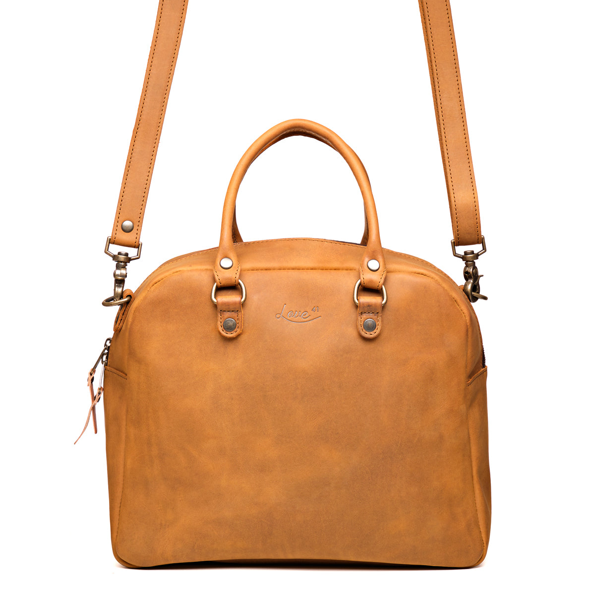 Professional Leather Satchel in Tobacco, front view with top handle and detachable shoulder strap