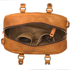 Professional Leather Satchel in Tobacco, top view unzipped showing the empty interior pockets and key clip