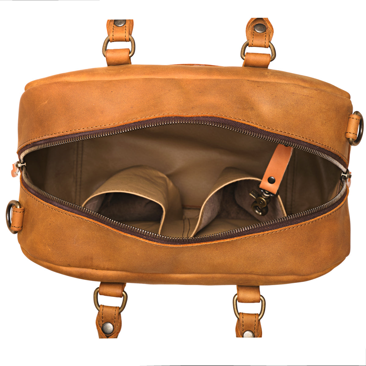 Professional Leather Satchel in Tobacco, top view unzipped showing the empty interior pockets and key clip