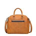 Professional Leather Satchel in Tobacco, back view with a tablet tucked in the rear slip pocket