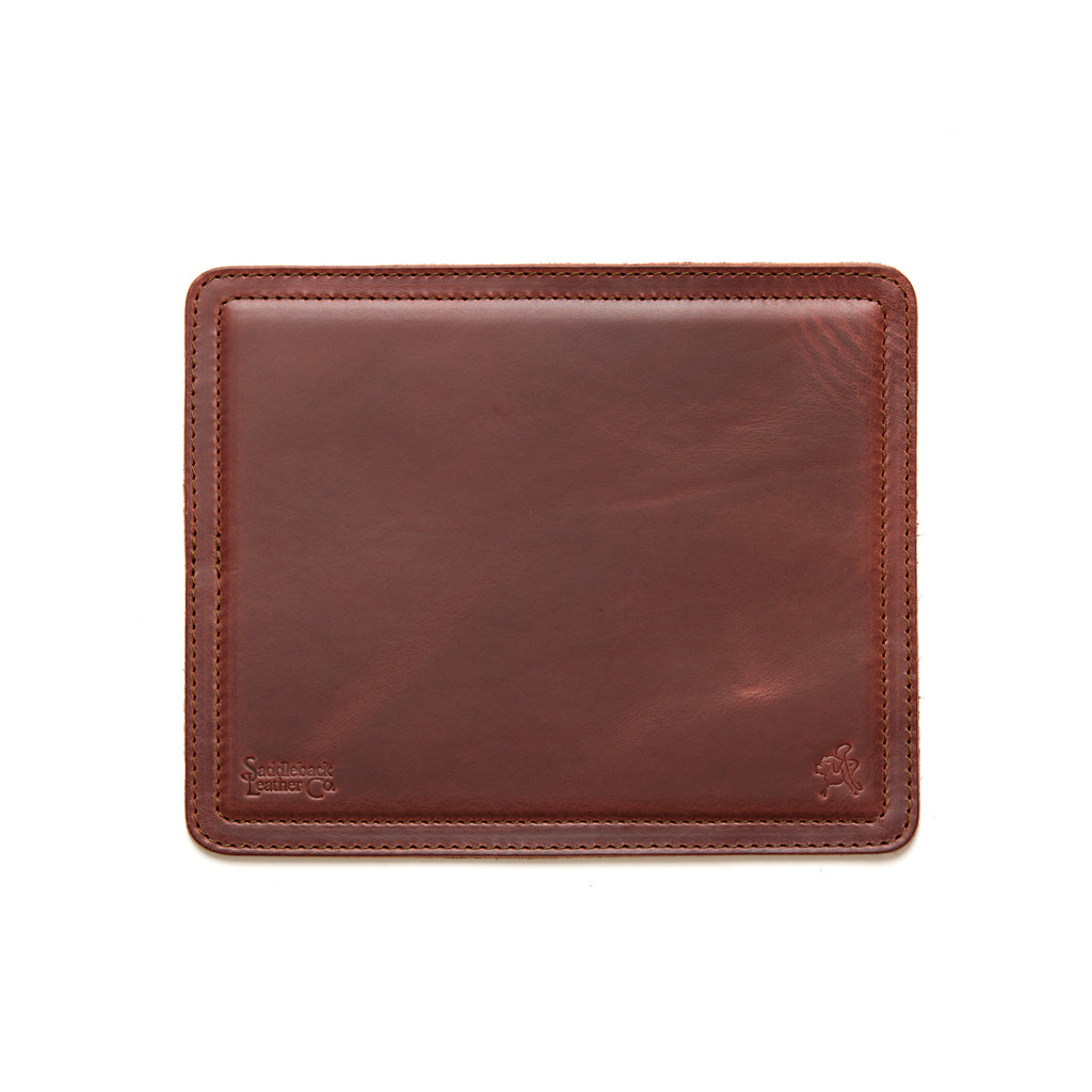 Mouse Pad in Chestnut leather, empty top-down view with stitched border and embossed logo