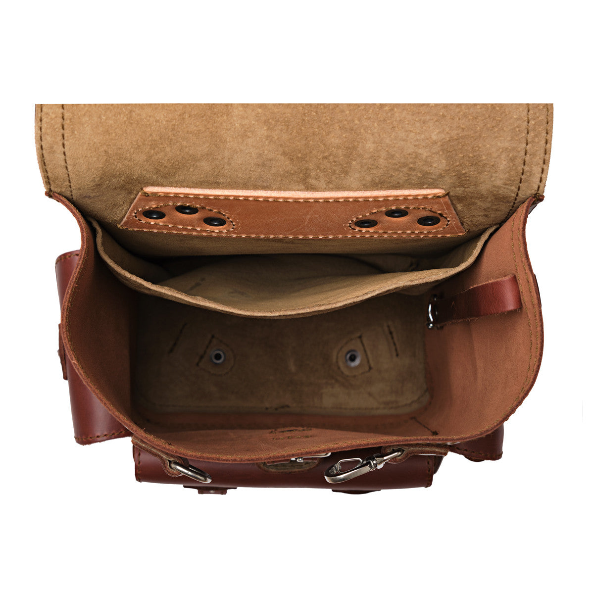 Small Front Pocket Backpack in Chestnut, top-down view into the open main compartment with an inside pocket