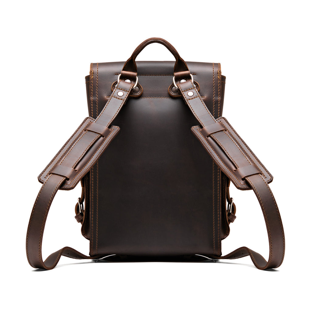 Small Front Pocket Backpack in Dark Coffee Brown, back view showing the padded shoulder straps and top handle