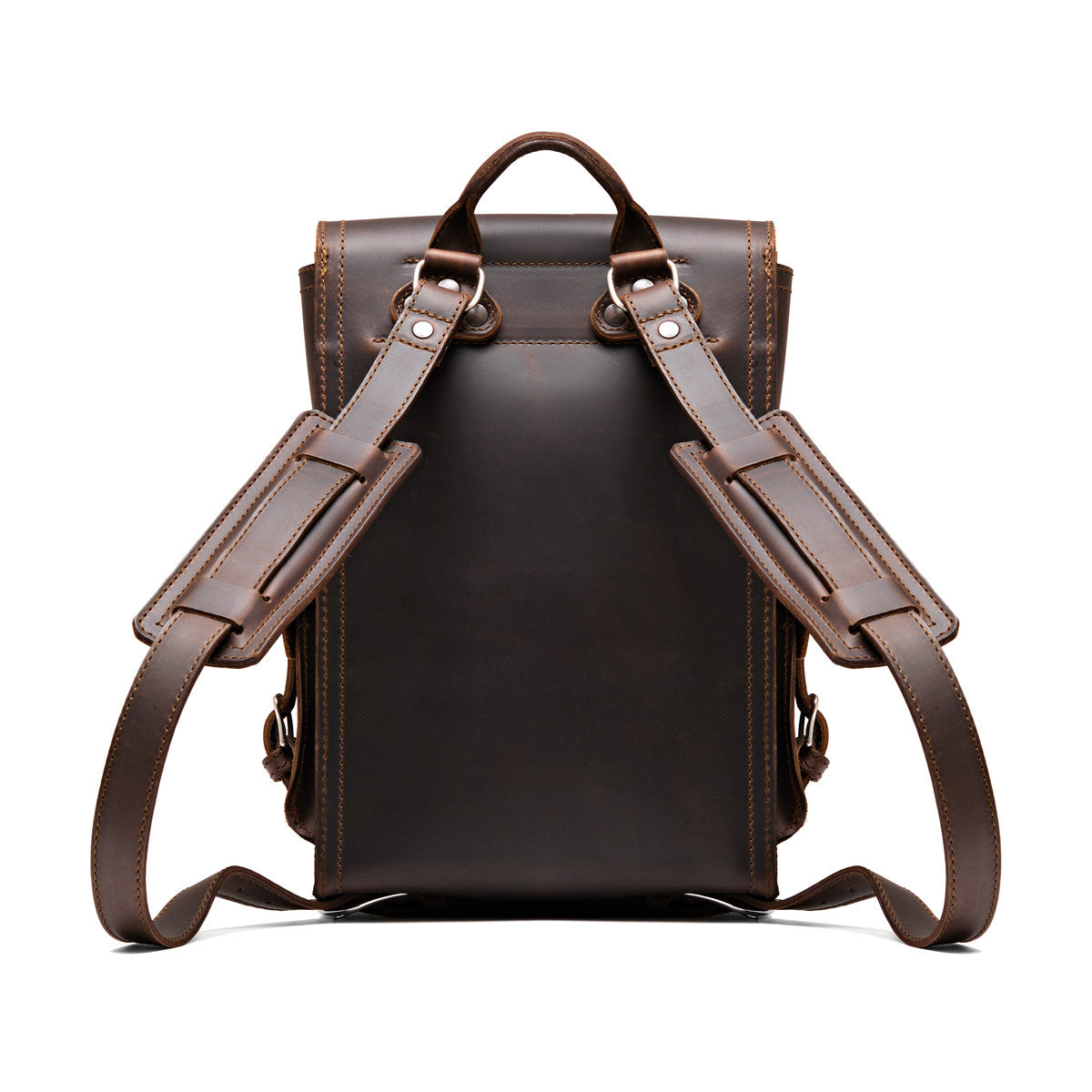 Small Front Pocket Backpack in Dark Coffee Brown, back view showing the padded shoulder straps and top handle