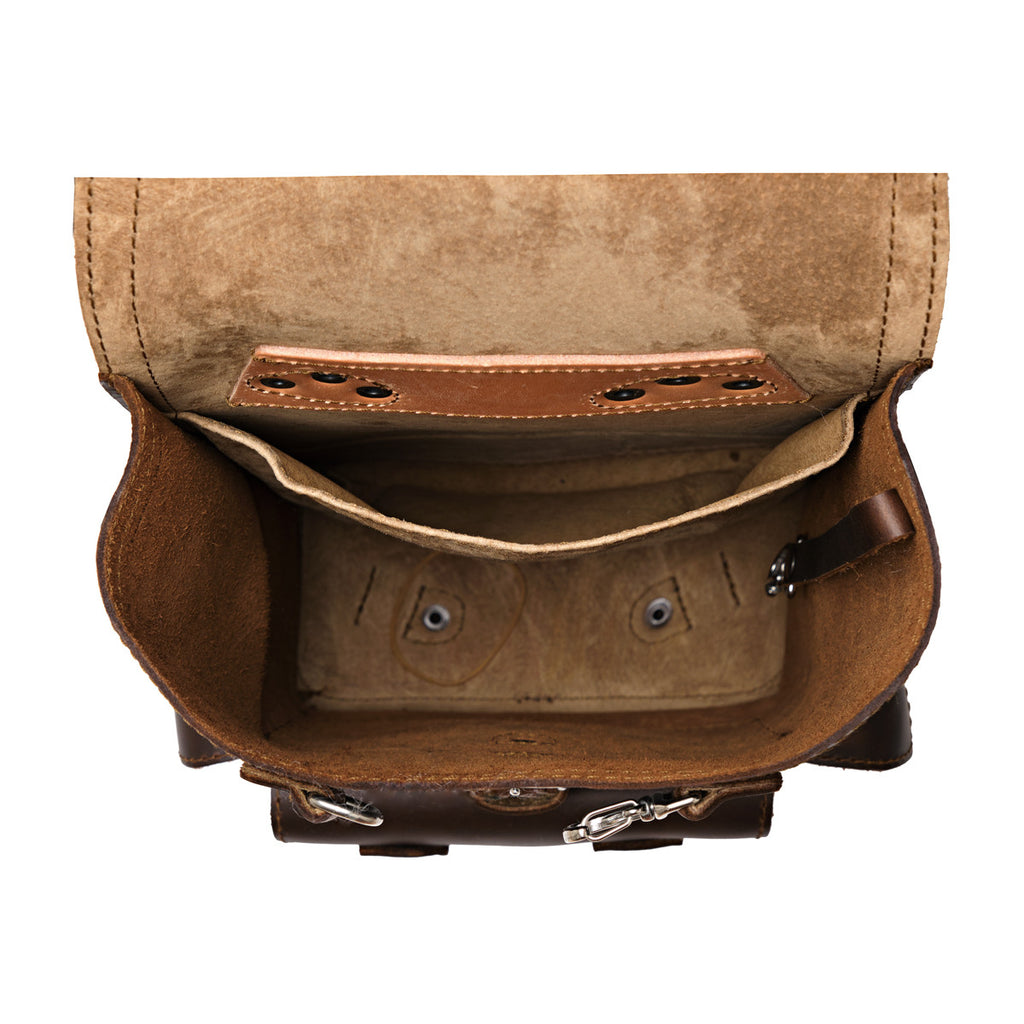Small Front Pocket Backpack in Dark Coffee Brown, top-down view into the open main compartment with an inside pocket