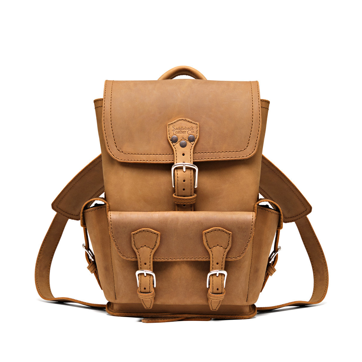 Small Front Pocket Backpack in Tobacco, front view showing the buckled flap, front pocket and shoulder straps