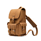 Small Front Pocket Backpack in Tobacco, angled side view with the buckled front and side pockets and a shoulder strap