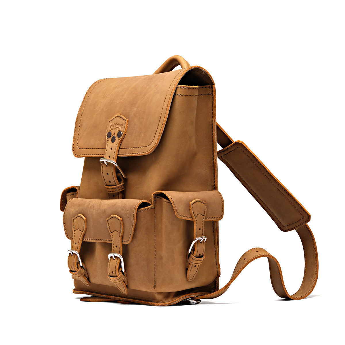 Small Front Pocket Backpack in Tobacco, angled side view with the buckled front and side pockets and a shoulder strap