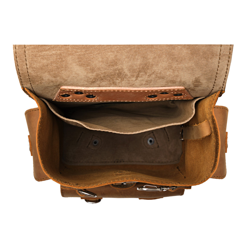 Small Front Pocket Backpack in Tobacco, top-down view into the open main compartment with an inside pocket