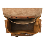 Small Front Pocket Backpack in Tobacco, top-down view into the open main compartment with an inside pocket